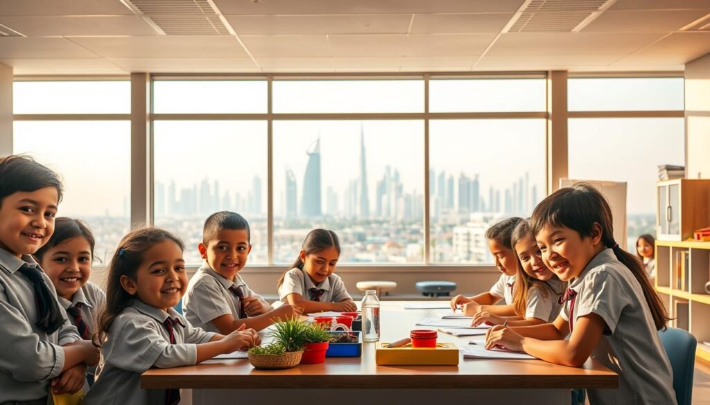 A vibrant scene depicting the educational achievements of a charitable organization in the United Arab Emirates. In the foreground, a group of children in school uniforms eagerly participate in a hands-on learning activity, their faces alight with enthusiasm. In the middle ground, a modern, well-equipped classroom serves as the backdrop, showcasing the organization's investment in quality learning environments. The background features a panoramic view of the Dubai skyline, symbolizing the organization's far-reaching impact. The scene is bathed in warm, natural lighting, conveying a sense of hope and progress. The overall atmosphere radiates the organization's commitment to transforming lives through education.