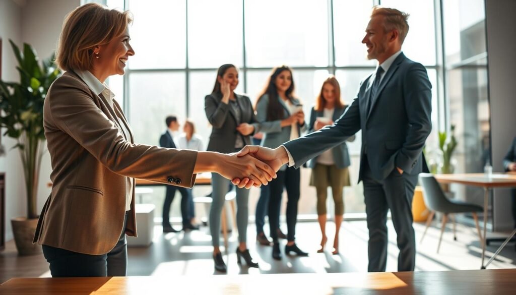 A vibrant, well-composed image depicting a strategic partnership for effective fundraising. In the foreground, two business leaders, one representing a non-profit organization and the other a leading corporate entity, shake hands in a gesture of collaboration. The middle ground showcases their joint efforts, with volunteers and donors interacting and sharing the experience. In the background, a modern, minimalist office setting with large windows allows natural light to filter in, creating a warm, inviting atmosphere. The scene conveys a sense of synergy, trust, and a shared commitment to making a positive impact through the power of combined resources and influence.