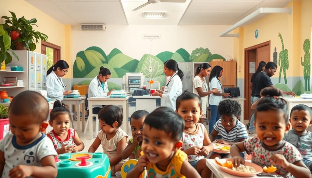 A warm and inviting scene of a bustling child health and nutrition services center. In the foreground, a group of children happily engaged in various activities - playing with educational toys, receiving checkups from attentive nurses, and enjoying nourishing meals. The middle ground features a well-equipped clinic with modern medical equipment and supplies, as well as a team of dedicated healthcare professionals providing comprehensive care. The background showcases a vibrant, welcoming community setting, with lush greenery, colorful murals, and a sense of safety and support. The lighting is soft and natural, creating a soothing, nurturing atmosphere. The overall composition conveys the importance of accessible, high-quality healthcare and nutrition services for the well-being and development of children. A warm and inviting scene of a bustling child health and nutrition services center. In the foreground, a group of children happily engaged in various activities - playing with educational toys, receiving checkups from attentive nurses, and enjoying nourishing meals. The middle ground features a well-equipped clinic with modern medical equipment and supplies, as well as a team of dedicated healthcare professionals providing comprehensive care. The background showcases a vibrant, welcoming community setting, with lush greenery, colorful murals, and a sense of safety and support. The lighting is soft and natural, creating a soothing, nurturing atmosphere. The overall composition conveys the importance of accessible, high-quality healthcare and nutrition services for the well-being and development of children.