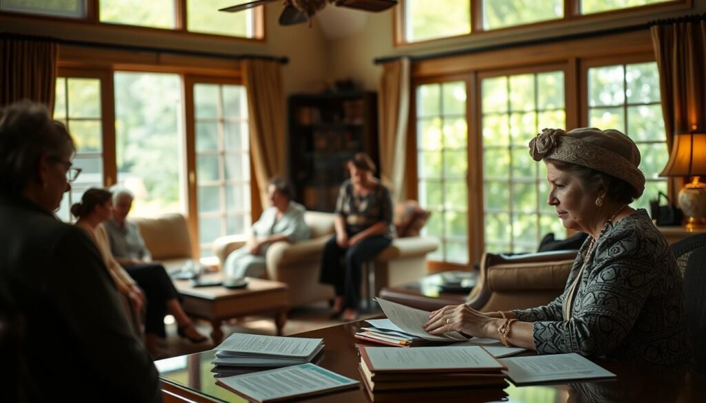 A warm, well-lit interior scene depicting Queen Rania of Jordan engaged in domestic advocacy initiatives. In the foreground, the Queen sits at a table, surrounded by books and documents, deep in thought. Midground shows her interacting with a group of women, discussing projects and programs. The background reveals a cozy living room, with large windows overlooking a lush, green garden. The overall mood is one of quiet contemplation, collaborative spirit, and a strong sense of purpose in improving the lives of Jordanian citizens through thoughtful, grassroots-level initiatives.