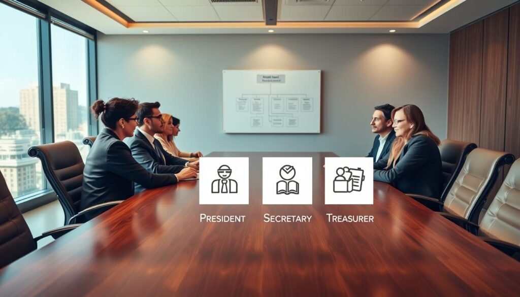 A well-lit boardroom interior, with a mahogany conference table and ergonomic leather chairs. The foreground features a row of diverse board members engaged in a meeting, their faces animated as they discuss their roles and responsibilities. The middle ground showcases the four core board officer positions - President, Vice-President, Secretary, and Treasurer - each represented by a tactful icon or symbol. The background depicts a wall-mounted organization chart and a large window overlooking a vibrant cityscape, conveying a sense of professionalism and purpose. The lighting is warm and inviting, creating a collaborative and productive atmosphere.