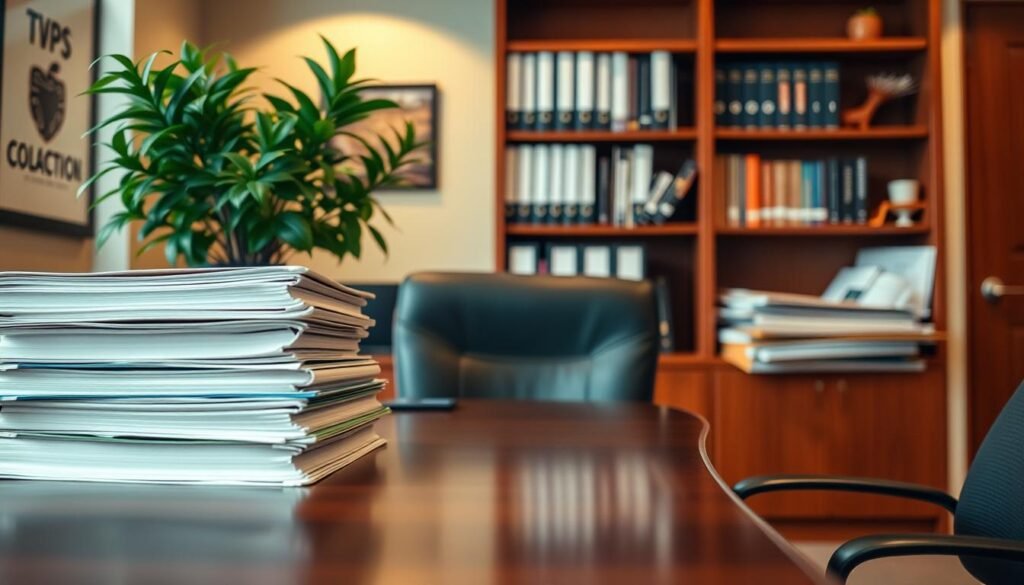 A well-organized office interior with a polished wooden desk, a stack of neatly arranged binders, and a potted plant. In the background, a bookshelf filled with reference materials. The lighting is warm and inviting, creating a professional yet approachable atmosphere. The camera angle is slightly elevated, capturing the scene from a thoughtful, administrative perspective. This image conveys the careful consideration and structure inherent in effective volunteer management policies.