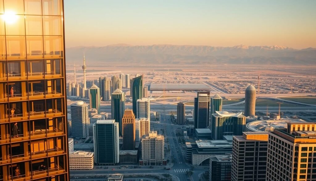 A wide, panoramic view of Lobna Al-Olayan's global accomplishments. In the foreground, a sleek, modern office building with glass facades reflecting the cityscape. In the middle ground, a bustling business district with skyscrapers, bustling streets, and an international airport in the distance. In the background, a stunning natural landscape of mountains and rolling hills. The scene is bathed in warm, golden light, conveying a sense of prosperity, ambition, and worldwide influence. Dramatic shadows and highlights accentuate the architectural details and the energy of the urban environment. The overall composition suggests Lobna Al-Olayan's far-reaching impact, both in Saudi Arabia and globally, as a pioneering businesswoman and influential leader. A wide, panoramic view of Lobna Al-Olayan's global accomplishments. In the foreground, a sleek, modern office building with glass facades reflecting the cityscape. In the middle ground, a bustling business district with skyscrapers, bustling streets, and an international airport in the distance. In the background, a stunning natural landscape of mountains and rolling hills. The scene is bathed in warm, golden light, conveying a sense of prosperity, ambition, and worldwide influence. Dramatic shadows and highlights accentuate the architectural details and the energy of the urban environment. The overall composition suggests Lobna Al-Olayan's far-reaching impact, both in Saudi Arabia and globally, as a pioneering businesswoman and influential leader.