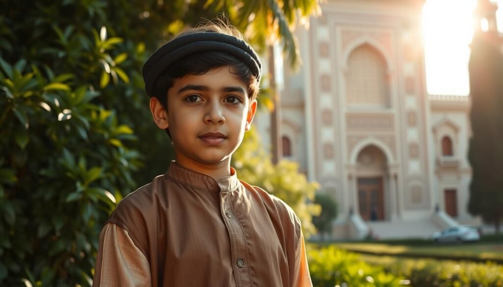 A young Ahmad al Shugairi, dressed in traditional Middle Eastern clothing, standing in a lush, verdant garden. The sun casts a warm, golden glow on his face, highlighting his youthful features and serene expression. In the background, a grand, ornate building with intricate architecture stands tall, hinting at the promising future that lies ahead for this budding scholar. The scene is captured with a soft, dreamlike lens, conveying a sense of nostalgia and the promise of a life dedicated to learning and discovery.