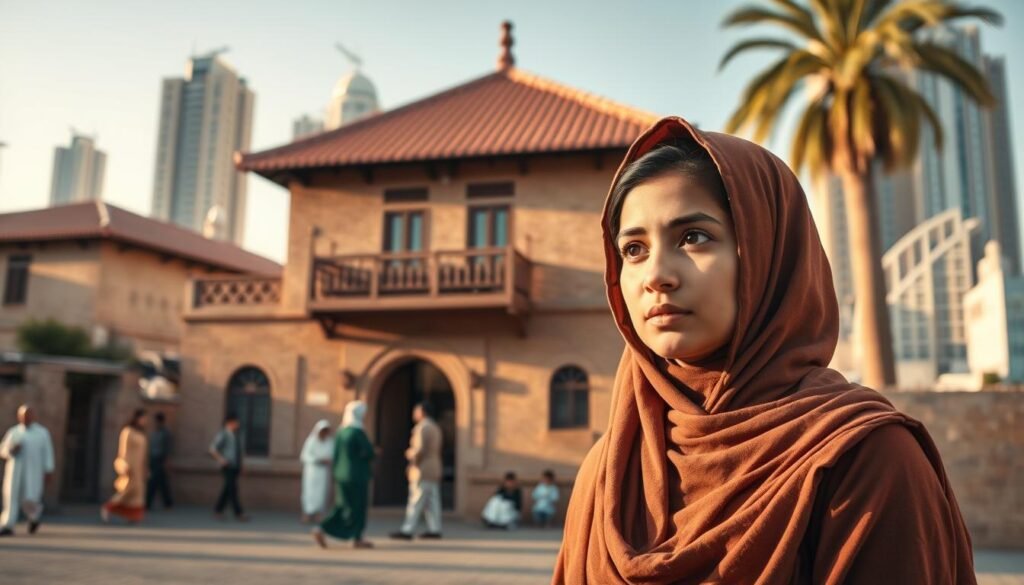 A young Bedour Al Qasimi stands before a traditional Emirati house in the historic district of Sharjah, UAE. The warm afternoon light casts a golden glow over the scene, illuminating the intricate architectural details of the building. In the foreground, Bedour, a determined and thoughtful expression on her face, gazes out towards the viewer, her traditional dress and headscarf signifying her cultural heritage. The middle ground reveals a bustling street, with locals going about their daily activities, while the background features the iconic skyline of Sharjah, blending modern high-rises with the timeless character of the city. This evocative image captures the essence of Bedour's formative years, shaping the path that would lead her to her remarkable professional achievements. A young Bedour Al Qasimi stands before a traditional Emirati house in the historic district of Sharjah, UAE. The warm afternoon light casts a golden glow over the scene, illuminating the intricate architectural details of the building. In the foreground, Bedour, a determined and thoughtful expression on her face, gazes out towards the viewer, her traditional dress and headscarf signifying her cultural heritage. The middle ground reveals a bustling street, with locals going about their daily activities, while the background features the iconic skyline of Sharjah, blending modern high-rises with the timeless character of the city. This evocative image captures the essence of Bedour's formative years, shaping the path that would lead her to her remarkable professional achievements.