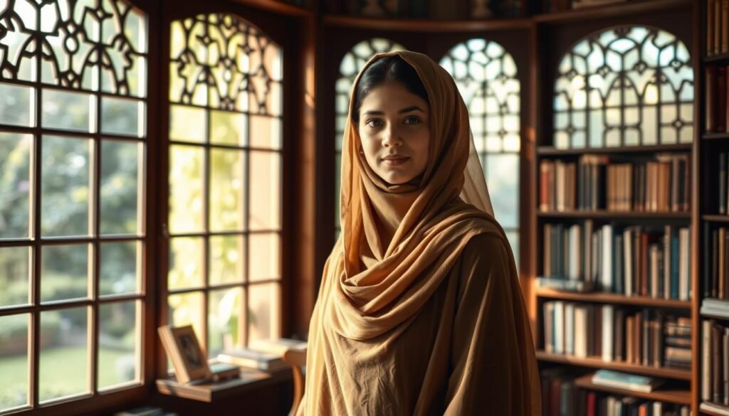 A young Lina Al-Alyann, wearing a traditional Saudi abaya, stands in a cozy study surrounded by shelves of books. Warm natural light filters through large windows, casting a soft glow on her thoughtful expression. In the background, a lush garden is visible, hinting at her upbringing in a nurturing, intellectual environment. The scene conveys a sense of introspection and the foundations of her future success, framed by the elegant architecture of her homeland. A young Lina Al-Alyann, wearing a traditional Saudi abaya, stands in a cozy study surrounded by shelves of books. Warm natural light filters through large windows, casting a soft glow on her thoughtful expression. In the background, a lush garden is visible, hinting at her upbringing in a nurturing, intellectual environment. The scene conveys a sense of introspection and the foundations of her future success, framed by the elegant architecture of her homeland.