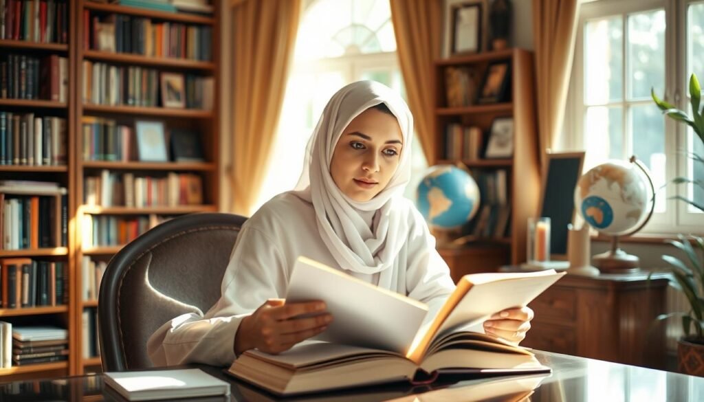 A young Saudi Arabian woman, Lubna Olayan, sits at a desk in a sun-drenched study, her expression focused as she reads from a thick textbook. The room is warm and inviting, with bookshelves lining the walls and a large window overlooking a manicured garden. Lubna is dressed in a modest, yet stylish abaya, her hair neatly tucked under a hijab. The lighting is soft and natural, creating a serene, contemplative atmosphere. In the background, a globe and various academic awards suggest Lubna's dedication to her studies and her drive to succeed in the world of business and education.