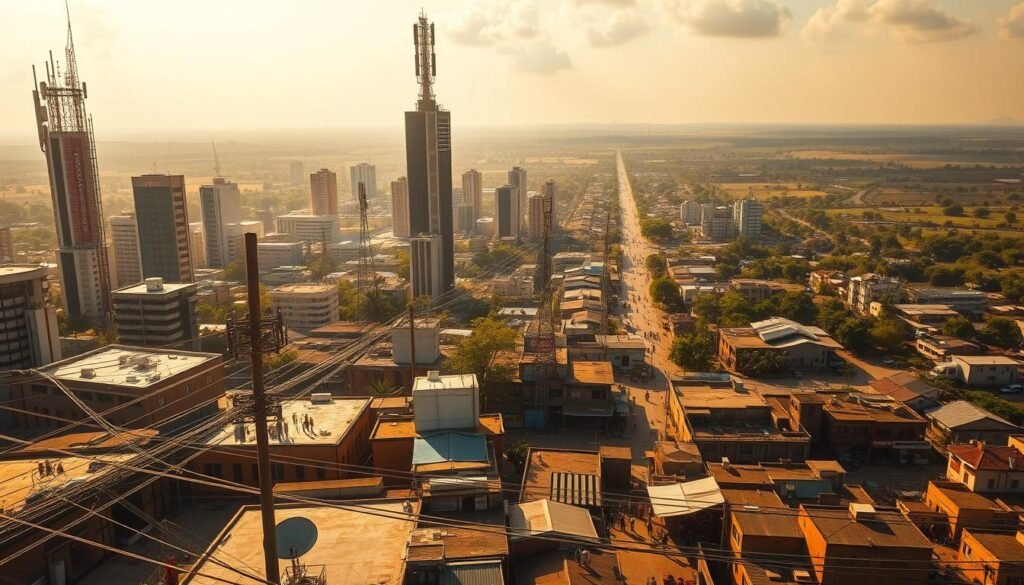 An aerial view of a bustling African cityscape, with towering modern skyscrapers and communication towers dotting the skyline. In the foreground, a network of intricate cables and satellite dishes crisscross the rooftops, symbolizing the rapid growth of the telecommunications industry. The middle ground depicts bustling streets lined with small businesses and people going about their daily lives, connected by a web of mobile signals and fiber optic lines. The background showcases the lush, verdant landscape of the continent, hinting at the vast untapped potential for further expansion and development. The scene is illuminated by warm, golden sunlight, conveying a sense of optimism and progress. The overall composition captures the dynamism and entrepreneurial spirit driving the telecommunications revolution across Africa.
