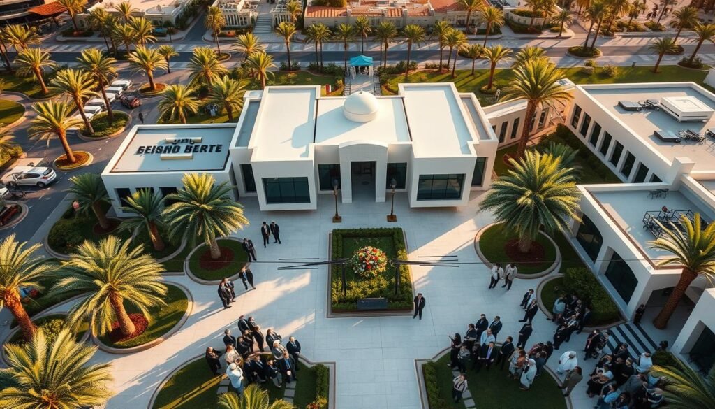An aerial view of the grand opening ceremony of the Emirati Charity Foundation in Dubai, UAE. The modern architectural complex is nestled among lush gardens and palm trees, with a large central plaza surrounded by elegant buildings in traditional Arabic styles. The scene is bathed in warm afternoon sunlight, conveying a sense of harmony, community, and humanitarian purpose. Well-dressed dignitaries, philanthropists, and citizens gather to celebrate the foundation's vision of global compassion and local empowerment. The overall mood is one of unity, optimism, and a shared commitment to making a positive impact on the world.