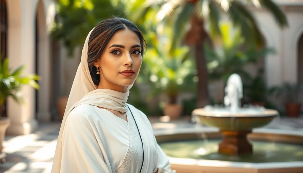 An elegant and serene portrait of a graceful woman in traditional Emirati dress, radiating intelligence and determination. She stands in a sun-dappled courtyard, surrounded by lush greenery and a tranquil fountain. Her gaze is thoughtful, conveying a sense of purpose and vision. Soft, warm lighting illuminates her features, highlighting the quiet strength and wisdom in her expression. The scene evokes a sense of progress, education, and the empowerment of women, embodying the spirit of the Juwairiya Al Qasimi Academic Advancement Scholarship for Women. A harmonious blend of cultural heritage and modern aspiration. An elegant and serene portrait of a graceful woman in traditional Emirati dress, radiating intelligence and determination. She stands in a sun-dappled courtyard, surrounded by lush greenery and a tranquil fountain. Her gaze is thoughtful, conveying a sense of purpose and vision. Soft, warm lighting illuminates her features, highlighting the quiet strength and wisdom in her expression. The scene evokes a sense of progress, education, and the empowerment of women, embodying the spirit of the Juwairiya Al Qasimi Academic Advancement Scholarship for Women. A harmonious blend of cultural heritage and modern aspiration.