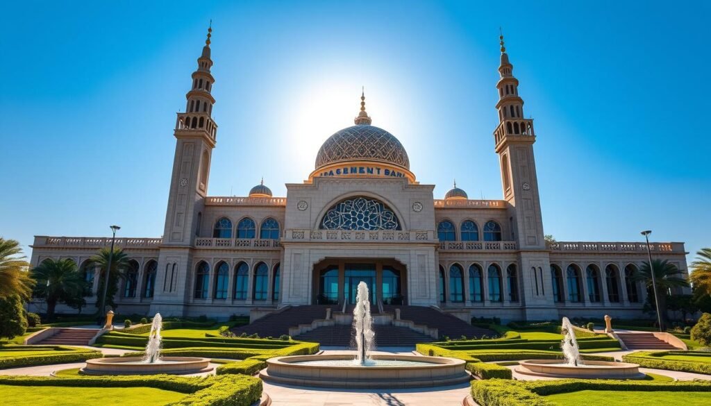 An imposing Islamic Development Bank headquarter building, with a grand domed architecture and intricate Islamic geometric patterns adorning the facade. The structure stands tall and proud, its symmetrical design and towering minarets creating a majestic silhouette against a clear blue sky. The building is surrounded by lush greenery, with ornamental fountains and pathways leading to the grand entrance. Sunlight casts warm, golden hues on the detailed stonework, conveying a sense of sophistication and timeless Islamic heritage. The overall atmosphere evokes a sense of stability, financial strength, and a commitment to sustainable development. An imposing Islamic Development Bank headquarter building, with a grand domed architecture and intricate Islamic geometric patterns adorning the facade. The structure stands tall and proud, its symmetrical design and towering minarets creating a majestic silhouette against a clear blue sky. The building is surrounded by lush greenery, with ornamental fountains and pathways leading to the grand entrance. Sunlight casts warm, golden hues on the detailed stonework, conveying a sense of sophistication and timeless Islamic heritage. The overall atmosphere evokes a sense of stability, financial strength, and a commitment to sustainable development.