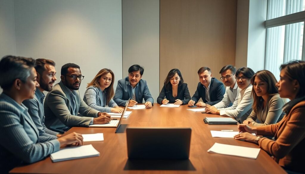 Boardroom setting with a group of diverse professionals engaged in a productive meeting. Soft, warm lighting illuminates the scene, creating a focused yet collaborative atmosphere. The table is positioned centrally, with participants leaning in, papers and laptops in front of them, indicating active discussion and decision-making. Neutral-toned walls and tasteful decor provide a professional, yet inviting backdrop. Facial expressions convey attentiveness, thoughtfulness, and a sense of purpose, reflecting the gravity and importance of the nonprofit's mission. The overall composition captures the essence of an effective, well-organized board meeting.