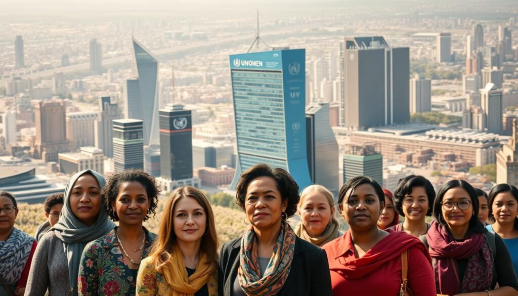 Detailed scene depicting the establishment of the United Nations Entity for Gender Equality and the Empowerment of Women (UN Women). In the foreground, a group of diverse individuals, representing different nationalities and backgrounds, stand united, their expressions conveying determination and optimism. In the middle ground, a towering, modern UN headquarters building rises, its architectural design symbolizing strength, unity, and global collaboration. The background features a vibrant cityscape, with skyscrapers and bustling streets, suggesting the worldwide impact and reach of the organization. The lighting is warm and natural, creating a sense of hope and progress. The overall composition and atmosphere reflect the mission of UN Women to advance gender equality and empower women globally.