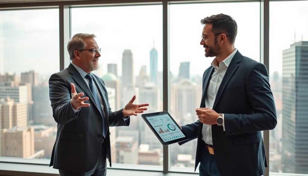 Prompt A dynamic scene of a donor and a representative from a non-profit organization, standing together in a well-lit conference room. The donor, dressed in a crisp suit, is engaged in a conversation, gesturing animatedly as the representative listens attentively, holding a tablet displaying statistics and infographics. The background features a large window overlooking a bustling city skyline, conveying a sense of purpose and impact. The overall atmosphere is one of collaboration, understanding, and a shared commitment to making a difference.