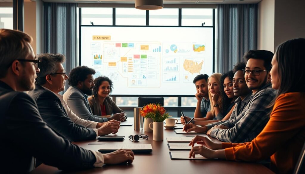 a strategic planning process for a non-profit organization, depicting a group of diverse professionals sitting around a conference table, engaged in thoughtful discussion. The foreground showcases the faces of the attendees, their expressions reflecting deep concentration and collaboration. The middle ground features a large whiteboard or interactive display, covered in colorful diagrams, charts, and notes, representing the flow of ideas and strategic planning. In the background, a window overlooking a bustling city skyline, suggesting the broader context and impact of the organization's mission. The lighting is warm and inviting, creating a sense of purpose and professionalism. The overall atmosphere conveys a carefully considered, structured approach to strategic planning for the non-profit's future.