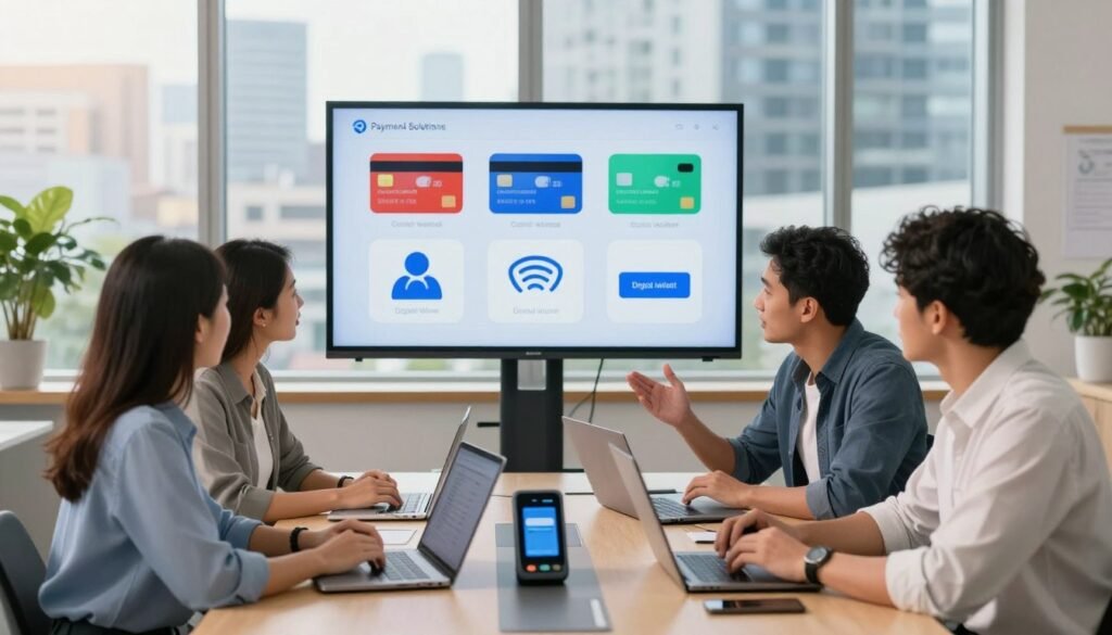 A bright, modern office setting with a focus on payment solutions for e-commerce. In the foreground, a diverse group of three professionals—two women and one man—are discussing on a sleek conference table, surrounded by laptops and digital payment devices. The middle ground features a large screen displaying various payment options, such as credit cards, digital wallets, and contactless payment symbols. In the background, a window reveals a bustling cityscape, emphasizing a sense of innovation and opportunity. Warm, natural lighting filters through the window, creating a welcoming atmosphere. Capture the scene from a slightly elevated angle, showcasing the collaborative energy and focus on financial technology. A bright, modern office setting with a focus on payment solutions for e-commerce. In the foreground, a diverse group of three professionals—two women and one man—are discussing on a sleek conference table, surrounded by laptops and digital payment devices. The middle ground features a large screen displaying various payment options, such as credit cards, digital wallets, and contactless payment symbols. In the background, a window reveals a bustling cityscape, emphasizing a sense of innovation and opportunity. Warm, natural lighting filters through the window, creating a welcoming atmosphere. Capture the scene from a slightly elevated angle, showcasing the collaborative energy and focus on financial technology.
