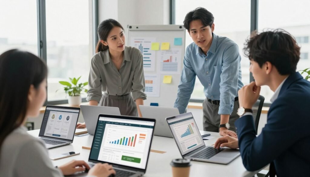 A bright, modern workspace featuring a diverse group of four professionals enthusiastically discussing strategies on a Shopify platform. In the foreground, close-up shots of laptops displaying graphs and online store interfaces, hinting at success in e-commerce. The middle layer showcases the team in smart business attire, engaged in brainstorming, with sticky notes and charts pinned on a whiteboard behind them. The background includes large windows letting in natural light, creating an energetic and inspiring atmosphere. The overall mood is one of collaboration and motivation, emphasizing actionable tips for success on Shopify. The scene is captured from a slightly elevated angle to showcase both the team and their digital tools, with soft focus on peripheral details enhancing clarity and focus on the professionals. A bright, modern workspace featuring a diverse group of four professionals enthusiastically discussing strategies on a Shopify platform. In the foreground, close-up shots of laptops displaying graphs and online store interfaces, hinting at success in e-commerce. The middle layer showcases the team in smart business attire, engaged in brainstorming, with sticky notes and charts pinned on a whiteboard behind them. The background includes large windows letting in natural light, creating an energetic and inspiring atmosphere. The overall mood is one of collaboration and motivation, emphasizing actionable tips for success on Shopify. The scene is captured from a slightly elevated angle to showcase both the team and their digital tools, with soft focus on peripheral details enhancing clarity and focus on the professionals.