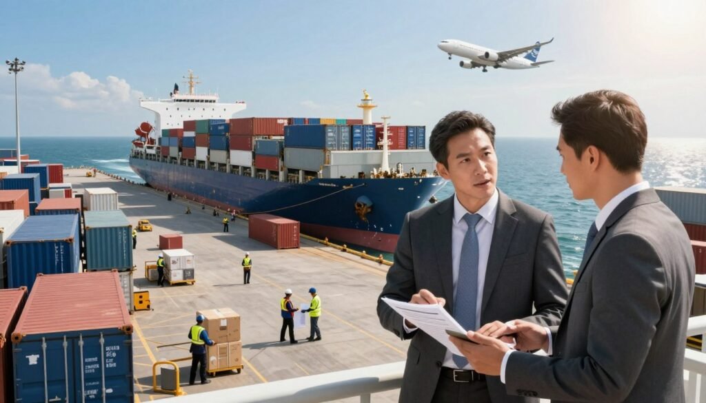 A bustling international shipping hub, showcasing a diverse range of shipping containers and cargo being loaded onto an airplane and a cargo ship. In the foreground, a well-dressed professional (in business attire) is discussing logistics with a colleague, examining shipping paperwork and a digital tablet. The middle ground features workers efficiently moving packages and containers, surrounded by iconic landmarks from around the world, hinting at global connectivity. The background includes a clear blue sky with an airplane ascending and a cargo ship peacefully navigating a sparkling ocean. Utilize warm, natural lighting to create a vibrant atmosphere that emphasizes innovation and growth in international shipping, shot from a slightly elevated angle to capture the entire scene effectively. A bustling international shipping hub, showcasing a diverse range of shipping containers and cargo being loaded onto an airplane and a cargo ship. In the foreground, a well-dressed professional (in business attire) is discussing logistics with a colleague, examining shipping paperwork and a digital tablet. The middle ground features workers efficiently moving packages and containers, surrounded by iconic landmarks from around the world, hinting at global connectivity. The background includes a clear blue sky with an airplane ascending and a cargo ship peacefully navigating a sparkling ocean. Utilize warm, natural lighting to create a vibrant atmosphere that emphasizes innovation and growth in international shipping, shot from a slightly elevated angle to capture the entire scene effectively.
