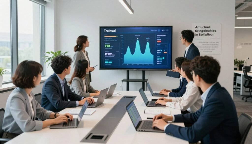 A bustling modern office environment showcasing the tangible benefits of Trainual in saving time and money. In the foreground, a diverse group of professionals, dressed in smart business attire, collaborate around a sleek conference table filled with laptops and tablets displaying workflow charts. In the middle ground, a large digital screen displays a vivid infographic illustrating metrics and savings from using Trainual. The background features a wall adorned with motivational quotes about efficiency and innovation. Soft, natural lighting streams through large windows, creating an inspiring and productive atmosphere. The angle is slightly elevated, capturing the dynamism of teamwork and the use of technology in business operations, emphasizing a sense of focus and collaboration. A bustling modern office environment showcasing the tangible benefits of Trainual in saving time and money. In the foreground, a diverse group of professionals, dressed in smart business attire, collaborate around a sleek conference table filled with laptops and tablets displaying workflow charts. In the middle ground, a large digital screen displays a vivid infographic illustrating metrics and savings from using Trainual. The background features a wall adorned with motivational quotes about efficiency and innovation. Soft, natural lighting streams through large windows, creating an inspiring and productive atmosphere. The angle is slightly elevated, capturing the dynamism of teamwork and the use of technology in business operations, emphasizing a sense of focus and collaboration.