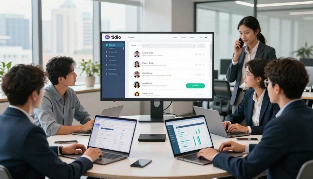 A busy modern office environment showcasing the seamless integration of Tidio chat platform with various business tools. In the foreground, a diverse group of professionals in smart business attire are engaged in a discussion around a large round table, with laptops open showing different applications like CRM, e-commerce platforms, and analytics dashboards. In the middle, a large screen displays Tidio's chat interface interacting with these tools, highlighting live chat functionality. The background features a bright, well-lit office with a cityscape view through large windows. Soft, natural lighting enhances a collaborative and innovative atmosphere, with a focus on teamwork and technology driving business success. A busy modern office environment showcasing the seamless integration of Tidio chat platform with various business tools. In the foreground, a diverse group of professionals in smart business attire are engaged in a discussion around a large round table, with laptops open showing different applications like CRM, e-commerce platforms, and analytics dashboards. In the middle, a large screen displays Tidio's chat interface interacting with these tools, highlighting live chat functionality. The background features a bright, well-lit office with a cityscape view through large windows. Soft, natural lighting enhances a collaborative and innovative atmosphere, with a focus on teamwork and technology driving business success.