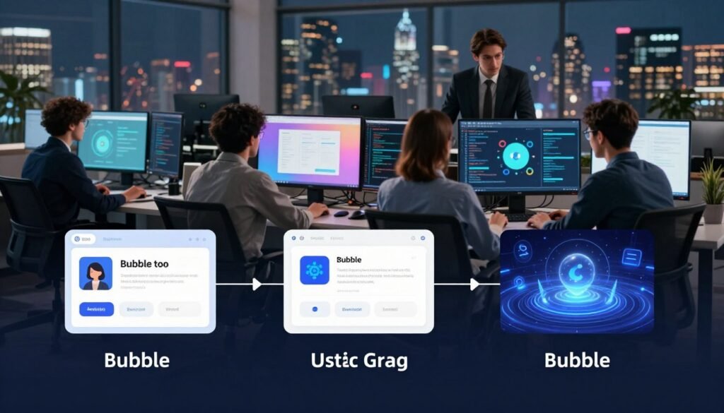 A captivating representation of the evolution of the Bubble platform over time. In the foreground, display a timeline with three distinct stages, showcasing a retro interface from the platform's inception, a modern interface reflecting current updates, and futuristic concepts hinting at upcoming innovations. The middle ground features developers in professional attire collaborating around a digital workspace, with screens displaying vibrant Bubble designs and code snippets. In the background, illustrate a city skyline symbolizing technological progress, illuminated by soft ambient lighting, creating a sleek and innovative atmosphere. Focus on a dynamic angle that emphasizes depth, capturing the viewer's attention while creating a sense of journey through time in the world of application development. A captivating representation of the evolution of the Bubble platform over time. In the foreground, display a timeline with three distinct stages, showcasing a retro interface from the platform's inception, a modern interface reflecting current updates, and futuristic concepts hinting at upcoming innovations. The middle ground features developers in professional attire collaborating around a digital workspace, with screens displaying vibrant Bubble designs and code snippets. In the background, illustrate a city skyline symbolizing technological progress, illuminated by soft ambient lighting, creating a sleek and innovative atmosphere. Focus on a dynamic angle that emphasizes depth, capturing the viewer's attention while creating a sense of journey through time in the world of application development.