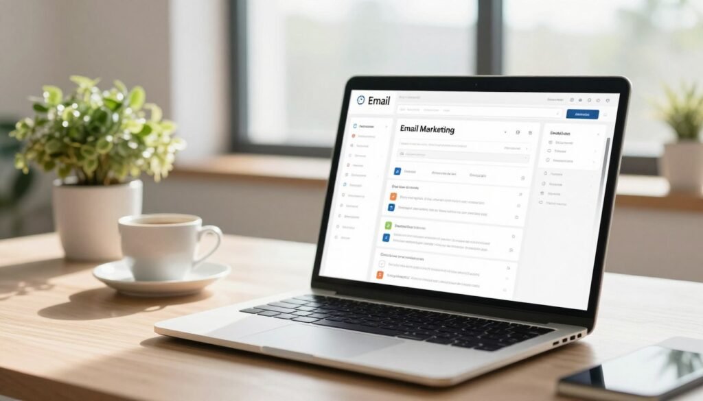 A clean and modern email marketing platform interface displayed on a sleek laptop in a bright, airy office setting. In the foreground, show the laptop screen filled with user-friendly analytics and email templates, emphasizing simplicity and efficiency. In the middle ground, include a potted plant and a coffee cup to create a warm, inviting workspace atmosphere. The background features a large window allowing natural light to flood the room, casting soft shadows and highlighting the professionalism of the environment. The overall mood is optimistic and productive, encouraging creativity and innovation in digital marketing. Use soft focus on the background while keeping the laptop screen in sharp detail, shot from a slightly elevated angle to showcase the interface visually. A clean and modern email marketing platform interface displayed on a sleek laptop in a bright, airy office setting. In the foreground, show the laptop screen filled with user-friendly analytics and email templates, emphasizing simplicity and efficiency. In the middle ground, include a potted plant and a coffee cup to create a warm, inviting workspace atmosphere. The background features a large window allowing natural light to flood the room, casting soft shadows and highlighting the professionalism of the environment. The overall mood is optimistic and productive, encouraging creativity and innovation in digital marketing. Use soft focus on the background while keeping the laptop screen in sharp detail, shot from a slightly elevated angle to showcase the interface visually.