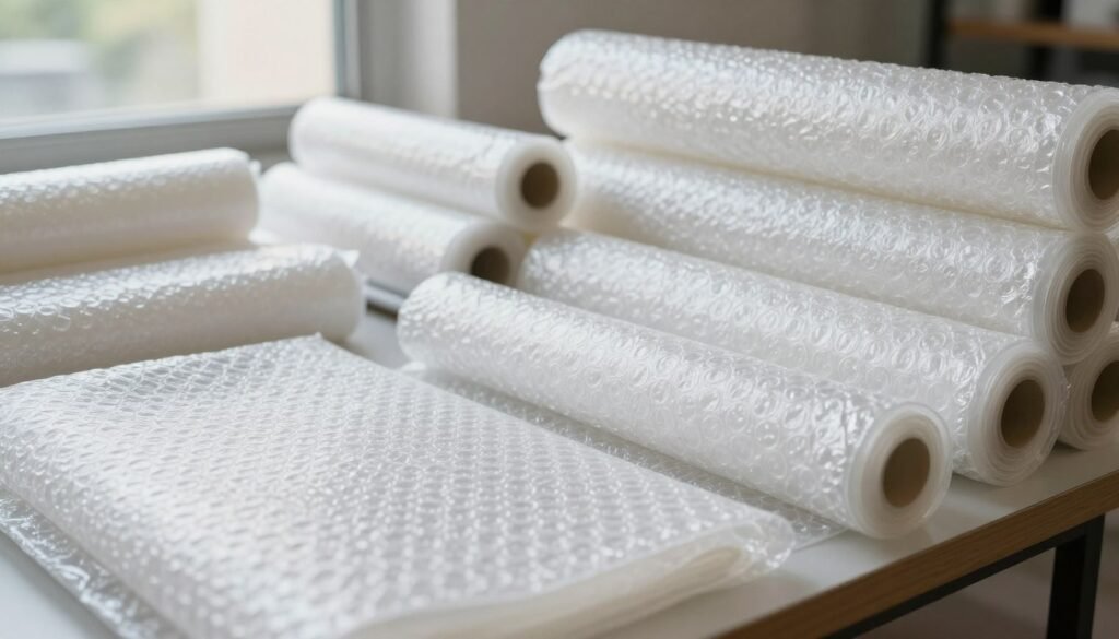A close-up view of a neatly arranged display of bubble wrap in various thicknesses and sizes, showcasing different types of bubbles. In the foreground, large sheets of bubble wrap are meticulously organized, some with air bubbles clearly visible, while others are unrolled to reveal their smooth texture. In the middle ground, additional bubble wrap rolls are stacked, highlighting various specifications, such as thickness and bubble size. In the background, soft natural light filters through a window, creating a warm ambiance that emphasizes the clarity of the material. Capture the image at a slight angle with a shallow depth of field to focus on the bubble wrap, conveying a professional and informative atmosphere suitable for a packaging supply context. A close-up view of a neatly arranged display of bubble wrap in various thicknesses and sizes, showcasing different types of bubbles. In the foreground, large sheets of bubble wrap are meticulously organized, some with air bubbles clearly visible, while others are unrolled to reveal their smooth texture. In the middle ground, additional bubble wrap rolls are stacked, highlighting various specifications, such as thickness and bubble size. In the background, soft natural light filters through a window, creating a warm ambiance that emphasizes the clarity of the material. Capture the image at a slight angle with a shallow depth of field to focus on the bubble wrap, conveying a professional and informative atmosphere suitable for a packaging supply context.
