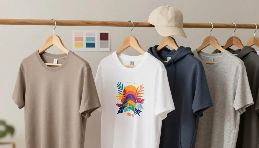A collection of realistic apparel mockups displayed on minimalist wooden hangers against a soft-focus, neutral-toned background. The foreground features a variety of clothing items, such as t-shirts, hoodies, and hats, each showcasing unique design features like vibrant graphic prints and textured fabrics. The middle ground includes design elements like color swatches and fabric samples neatly arranged beside the apparel, emphasizing customization options. Soft, natural lighting illuminates the scene, creating a warm, inviting atmosphere, with a slight shadow cast to add depth. The overall mood reflects creativity and professionalism, ideal for showcasing the potential of custom merch design. A collection of realistic apparel mockups displayed on minimalist wooden hangers against a soft-focus, neutral-toned background. The foreground features a variety of clothing items, such as t-shirts, hoodies, and hats, each showcasing unique design features like vibrant graphic prints and textured fabrics. The middle ground includes design elements like color swatches and fabric samples neatly arranged beside the apparel, emphasizing customization options. Soft, natural lighting illuminates the scene, creating a warm, inviting atmosphere, with a slight shadow cast to add depth. The overall mood reflects creativity and professionalism, ideal for showcasing the potential of custom merch design.