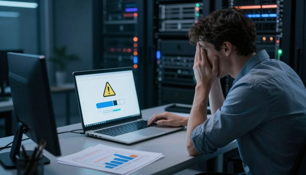 A conceptual image illustrating the disadvantages of web hosting, focusing on aspects like slow loading speeds, security concerns, and technical difficulties. In the foreground, a frustrated web developer sits at a cluttered desk, surrounded by charts and graphs depicting declining performance metrics. In the middle, a laptop screen shows a loading icon, with a warning symbol indicating security risks. In the background, dimly lit server racks reflect a sense of urgency and inefficiency. Soft, cool lighting creates a serious atmosphere, while a slightly blurred focus enhances the feeling of uncertainty and frustration. The angle is slightly tilted, adding a dynamic perspective to the scene. A conceptual image illustrating the disadvantages of web hosting, focusing on aspects like slow loading speeds, security concerns, and technical difficulties. In the foreground, a frustrated web developer sits at a cluttered desk, surrounded by charts and graphs depicting declining performance metrics. In the middle, a laptop screen shows a loading icon, with a warning symbol indicating security risks. In the background, dimly lit server racks reflect a sense of urgency and inefficiency. Soft, cool lighting creates a serious atmosphere, while a slightly blurred focus enhances the feeling of uncertainty and frustration. The angle is slightly tilted, adding a dynamic perspective to the scene.
