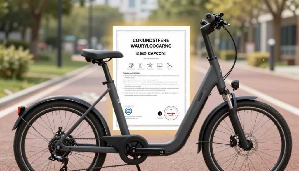 A detailed and informative illustration of an electric bicycle's safety certification and technical specifications. In the foreground, a sleek electric bike stands prominently, with close-up details of its safety features, like a sturdy frame and quality brakes. In the middle, a certificate showcasing icons of compliance, electronic symbols, and safety ratings, illuminated with soft lighting to enhance readability. The background features a calming urban environment, such as a park or a bike lane, to suggest an atmosphere of safety and reliability. The image is bright and inviting, designed to evoke feelings of trust and peace of mind regarding the electric bicycle's specifications. Capture the essence of modern technology and innovation with a clear focus on safety. A detailed and informative illustration of an electric bicycle's safety certification and technical specifications. In the foreground, a sleek electric bike stands prominently, with close-up details of its safety features, like a sturdy frame and quality brakes. In the middle, a certificate showcasing icons of compliance, electronic symbols, and safety ratings, illuminated with soft lighting to enhance readability. The background features a calming urban environment, such as a park or a bike lane, to suggest an atmosphere of safety and reliability. The image is bright and inviting, designed to evoke feelings of trust and peace of mind regarding the electric bicycle's specifications. Capture the essence of modern technology and innovation with a clear focus on safety.