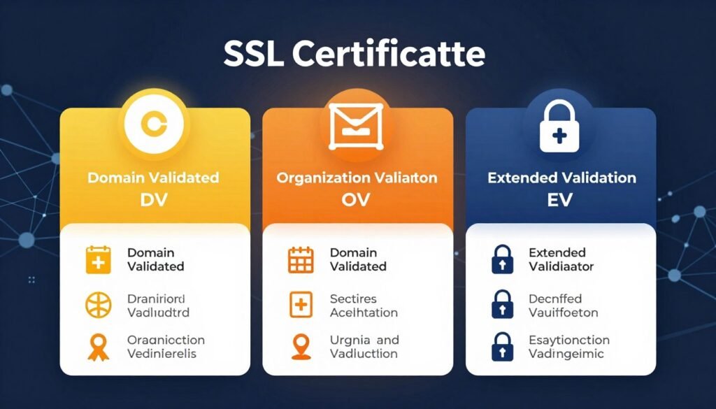 A detailed comparison chart of SSL certificate types, featuring three distinct areas labeled with icons representing each certificate type: Domain Validated (DV), Organization Validated (OV), and Extended Validation (EV). In the foreground, sleek icons and information boxes display the unique features of each type, like validation methods and security levels. In the middle, a solid color backdrop harmonizes the elements, enhancing clarity while subtle gradients create depth. In the background, a faint digital network or web-like pattern symbolizes internet security, suggesting protection and connectivity. Soft, even lighting casts a professional tone, and the composition is viewed from a slightly elevated angle to emphasize the chart's layout. The atmosphere conveys trust and clarity, ideal for a technical audience focused on website security. A detailed comparison chart of SSL certificate types, featuring three distinct areas labeled with icons representing each certificate type: Domain Validated (DV), Organization Validated (OV), and Extended Validation (EV). In the foreground, sleek icons and information boxes display the unique features of each type, like validation methods and security levels. In the middle, a solid color backdrop harmonizes the elements, enhancing clarity while subtle gradients create depth. In the background, a faint digital network or web-like pattern symbolizes internet security, suggesting protection and connectivity. Soft, even lighting casts a professional tone, and the composition is viewed from a slightly elevated angle to emphasize the chart's layout. The atmosphere conveys trust and clarity, ideal for a technical audience focused on website security.