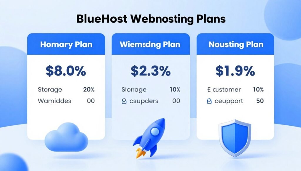 A detailed comparison chart showcasing various BlueHost web hosting plans, prominently featuring three distinct plans arranged in a clean and organized layout. The foreground includes visually appealing icons representing each plan, such as a cloud, a rocket, and a shield, all in a modern style. The middle section displays clear pricing details and key features like storage, bandwidth, and customer support, using contrasting colors for easy readability. In the background, a soft gradient of blue and white creates a calming atmosphere, embodying trust and professionalism associated with web hosting services. The lighting is bright and evenly distributed, and the image is focused with a slight depth of field, giving the chart a polished, sleek appearance. A detailed comparison chart showcasing various BlueHost web hosting plans, prominently featuring three distinct plans arranged in a clean and organized layout. The foreground includes visually appealing icons representing each plan, such as a cloud, a rocket, and a shield, all in a modern style. The middle section displays clear pricing details and key features like storage, bandwidth, and customer support, using contrasting colors for easy readability. In the background, a soft gradient of blue and white creates a calming atmosphere, embodying trust and professionalism associated with web hosting services. The lighting is bright and evenly distributed, and the image is focused with a slight depth of field, giving the chart a polished, sleek appearance.
