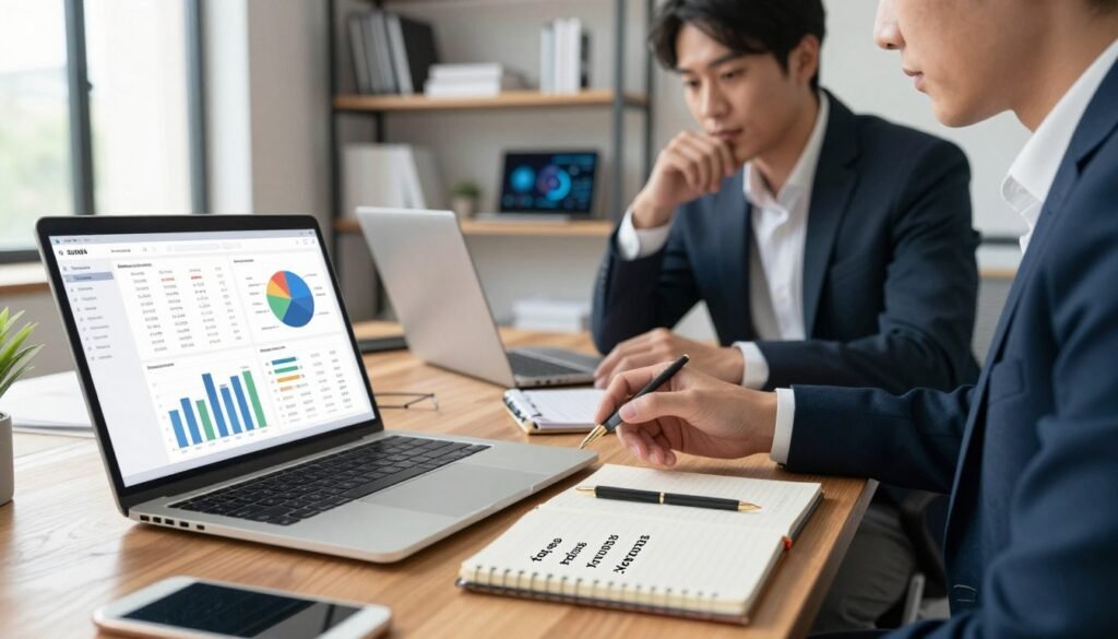A digital workspace filled with analytics and competitive SEO strategy insights. In the foreground, a sleek laptop on a wooden desk, displaying graphs and keyword data on the screen. Beside it, neatly arranged note-taking materials including a notepad with bullet points about "top pages" and "keywords." In the middle, a focused professional in business attire analyzing the data, with a thoughtful expression. The background reveals a modern office environment, with shelves of books on marketing and technology, bright natural light streaming through large windows. The mood is intellectually stimulating and focused, inviting the viewer into the world of SEO competition analysis. Soft lighting enhances clarity and detail, creating a sense of professionalism and serious intent. A digital workspace filled with analytics and competitive SEO strategy insights. In the foreground, a sleek laptop on a wooden desk, displaying graphs and keyword data on the screen. Beside it, neatly arranged note-taking materials including a notepad with bullet points about "top pages" and "keywords." In the middle, a focused professional in business attire analyzing the data, with a thoughtful expression. The background reveals a modern office environment, with shelves of books on marketing and technology, bright natural light streaming through large windows. The mood is intellectually stimulating and focused, inviting the viewer into the world of SEO competition analysis. Soft lighting enhances clarity and detail, creating a sense of professionalism and serious intent.