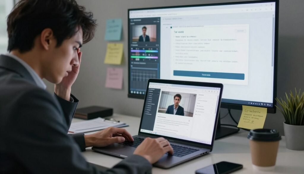 A digital workspace illustrating the challenges and drawbacks of video editing with VEED. In the foreground, a frustrated user, dressed in professional business attire, is seated at a modern desk with a laptop open, displaying the VEED interface. The middle layer includes cluttered notes and coffee mugs, symbolizing stress and creative blocks. In the background, a wall-mounted screen shows error messages and warnings about video formats and rendering times. Soft, diffused lighting creates a moody atmosphere, highlighting the struggle of the user. A shallow depth of field blurs the peripheral details, emphasizing the central figure and their challenges in video editing. The overall tone conveys a sense of frustration and determination in overcoming obstacles. A digital workspace illustrating the challenges and drawbacks of video editing with VEED. In the foreground, a frustrated user, dressed in professional business attire, is seated at a modern desk with a laptop open, displaying the VEED interface. The middle layer includes cluttered notes and coffee mugs, symbolizing stress and creative blocks. In the background, a wall-mounted screen shows error messages and warnings about video formats and rendering times. Soft, diffused lighting creates a moody atmosphere, highlighting the struggle of the user. A shallow depth of field blurs the peripheral details, emphasizing the central figure and their challenges in video editing. The overall tone conveys a sense of frustration and determination in overcoming obstacles.