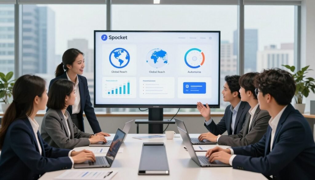 A dynamic and engaging office workspace showcasing the advantages of using Spocket for dropshipping. In the foreground, a diverse group of professionals dressed in smart business attire, collaborating around a modern conference table filled with laptops and product samples, displaying enthusiasm as they discuss strategy. The middle ground features a large digital screen vividly displaying various statistics and icons representing ease of use, global reach, and automated processes. The background presents large windows with soft, natural lighting streaming in, offering a view of a bustling city skyline, symbolizing growth and opportunity. The atmosphere is positive and professional, reflecting innovation and teamwork in the dropshipping landscape. A dynamic and engaging office workspace showcasing the advantages of using Spocket for dropshipping. In the foreground, a diverse group of professionals dressed in smart business attire, collaborating around a modern conference table filled with laptops and product samples, displaying enthusiasm as they discuss strategy. The middle ground features a large digital screen vividly displaying various statistics and icons representing ease of use, global reach, and automated processes. The background presents large windows with soft, natural lighting streaming in, offering a view of a bustling city skyline, symbolizing growth and opportunity. The atmosphere is positive and professional, reflecting innovation and teamwork in the dropshipping landscape.
