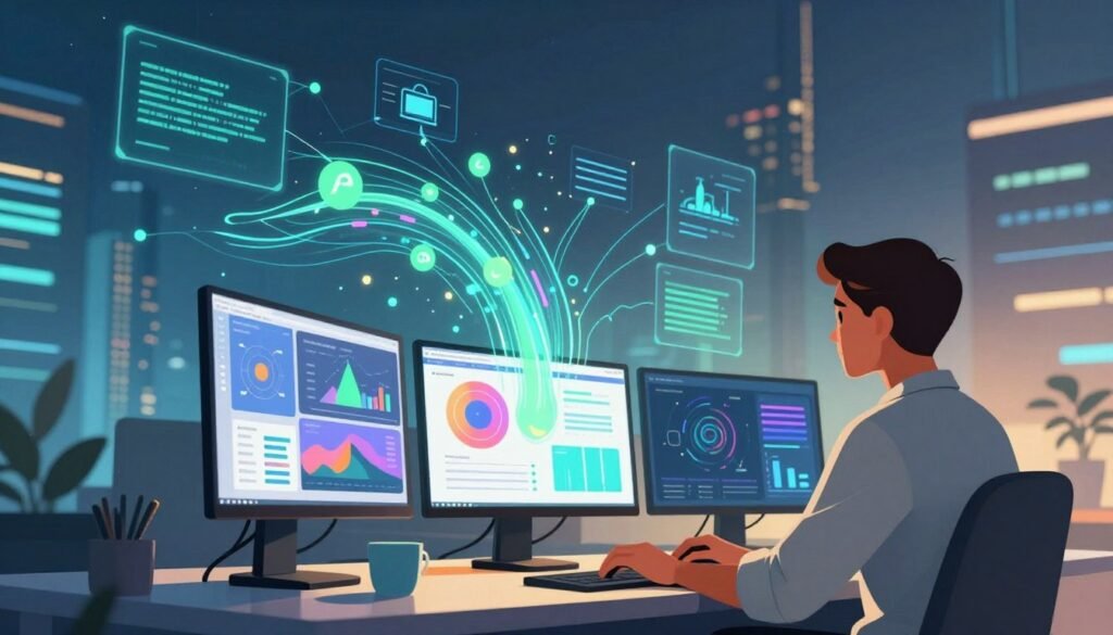 A dynamic illustration capturing the power of artificial intelligence in content creation within Renderforest. In the foreground, depict a professional figure, a diverse content creator, working at a sleek modern workstation with multiple screens displaying vibrant graphics and analytics. The middle ground features abstract representations of algorithms and flowing data streams merging into creative visuals, symbolizing AI's role in enhancing digital content. The background includes a futuristic cityscape bathed in soft blue and green lighting, suggesting innovation and technology. A warm, inspiring atmosphere conveys a sense of creativity and potential, with a focus on collaboration between humans and AI. The angle should provide a slight upward perspective, emphasizing growth and forward-thinking innovation. A dynamic illustration capturing the power of artificial intelligence in content creation within Renderforest. In the foreground, depict a professional figure, a diverse content creator, working at a sleek modern workstation with multiple screens displaying vibrant graphics and analytics. The middle ground features abstract representations of algorithms and flowing data streams merging into creative visuals, symbolizing AI's role in enhancing digital content. The background includes a futuristic cityscape bathed in soft blue and green lighting, suggesting innovation and technology. A warm, inspiring atmosphere conveys a sense of creativity and potential, with a focus on collaboration between humans and AI. The angle should provide a slight upward perspective, emphasizing growth and forward-thinking innovation.