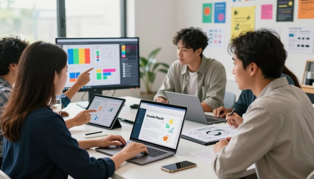 A dynamic workspace scene showcasing a diverse group of marketing professionals collaborating around a large, modern table. In the foreground, a professional woman in smart casual attire is using a laptop with the Envato Placeit interface open, animatedly discussing design options with her colleagues. In the middle ground, a man is sketching marketing ideas on a digital tablet, while another person is reviewing graphics on a large screen displaying vibrant visuals created with Placeit. The background features colorful design elements and branding materials on walls, bathed in soft, natural light from large windows. The atmosphere is creative and energetic, embodying the innovative spirit of digital marketing. The angle captures the teamwork in action, creating an inspiring and engaging mood. A dynamic workspace scene showcasing a diverse group of marketing professionals collaborating around a large, modern table. In the foreground, a professional woman in smart casual attire is using a laptop with the Envato Placeit interface open, animatedly discussing design options with her colleagues. In the middle ground, a man is sketching marketing ideas on a digital tablet, while another person is reviewing graphics on a large screen displaying vibrant visuals created with Placeit. The background features colorful design elements and branding materials on walls, bathed in soft, natural light from large windows. The atmosphere is creative and energetic, embodying the innovative spirit of digital marketing. The angle captures the teamwork in action, creating an inspiring and engaging mood.
