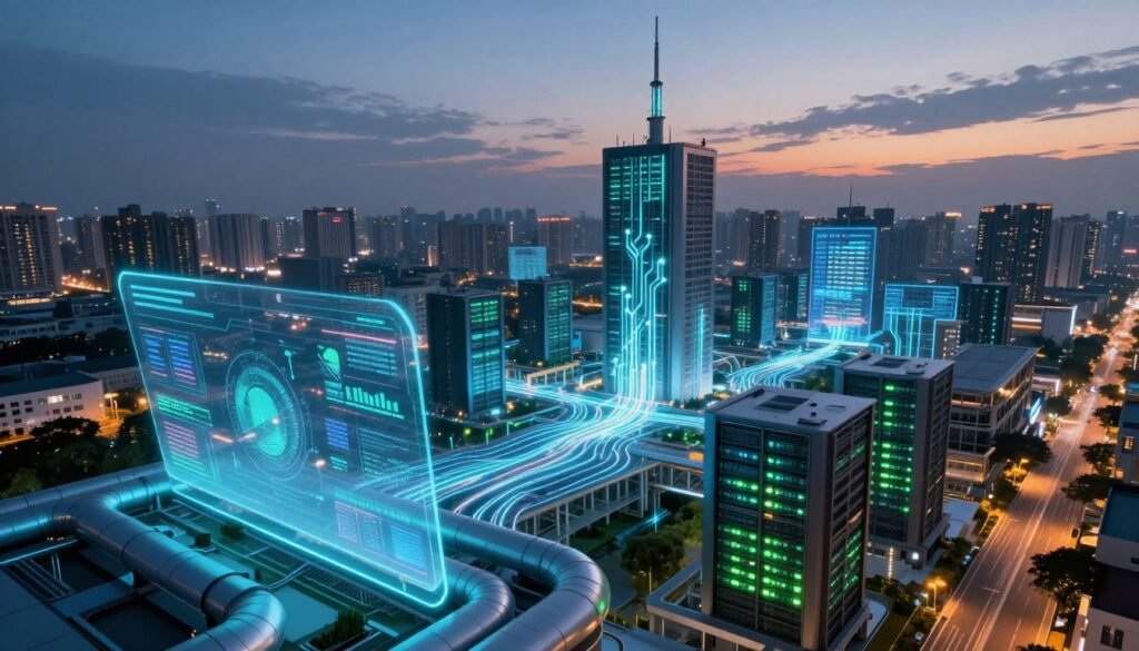 A futuristic representation of an AI and infrastructure technology stack seamlessly integrated into a digital landscape. In the foreground, display a sleek, modern AI interface with holographic data visualizations of pipelines and analytics, exuding vibrant blue and green hues. The middle ground features complex infrastructure elements like interconnected servers and digital circuit pathways, highlighted with glowing light trails to signify data flow. The background should depict a city skyline at dusk, with a blend of natural and digital elements. Use dramatic, low-angle lighting to create depth, highlighting the connection between AI and infrastructure. The atmosphere should feel innovative and dynamic, emphasizing the synergy of technology and efficiency. A futuristic representation of an AI and infrastructure technology stack seamlessly integrated into a digital landscape. In the foreground, display a sleek, modern AI interface with holographic data visualizations of pipelines and analytics, exuding vibrant blue and green hues. The middle ground features complex infrastructure elements like interconnected servers and digital circuit pathways, highlighted with glowing light trails to signify data flow. The background should depict a city skyline at dusk, with a blend of natural and digital elements. Use dramatic, low-angle lighting to create depth, highlighting the connection between AI and infrastructure. The atmosphere should feel innovative and dynamic, emphasizing the synergy of technology and efficiency.