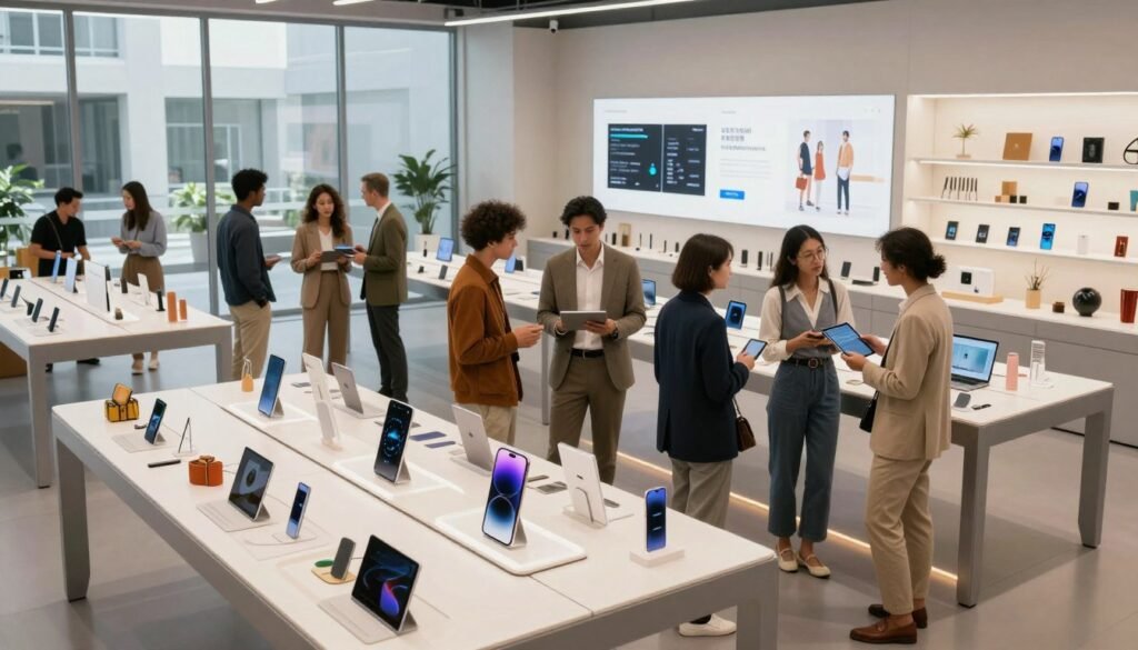 A modern, AI-powered store environment showcasing an innovative product setup. In the foreground, sleek, minimalist display shelves filled with stylish products like electronics, trendy fashion, and home decor items. In the middle, a diverse group of professionals in smart casual attire are engaged in collaborative discussions over digital tablets, analyzing product data. The background features an open, airy space with large windows letting in natural light, and high-tech screens displaying analytics and virtual storefronts. The atmosphere is dynamic and collaborative, evoking a sense of effortless organization and the excitement of a tech-savvy retail experience. Soft, ambient lighting enhances the futuristic vibe, captured from a slightly elevated angle to convey depth and perspective. A modern, AI-powered store environment showcasing an innovative product setup. In the foreground, sleek, minimalist display shelves filled with stylish products like electronics, trendy fashion, and home decor items. In the middle, a diverse group of professionals in smart casual attire are engaged in collaborative discussions over digital tablets, analyzing product data. The background features an open, airy space with large windows letting in natural light, and high-tech screens displaying analytics and virtual storefronts. The atmosphere is dynamic and collaborative, evoking a sense of effortless organization and the excitement of a tech-savvy retail experience. Soft, ambient lighting enhances the futuristic vibe, captured from a slightly elevated angle to convey depth and perspective.