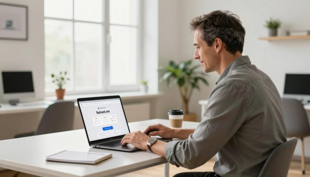 A modern and inviting office space serves as the backdrop, illustrating the free trial setup process for Refresh.me. In the foreground, a professional-looking individual in business attire sits at a sleek desk with a laptop open, displaying the Refresh.me interface. The person, a middle-aged man with short hair, looks focused and engaged. On the desk, there’s a notepad and a cup of coffee, adding to the work atmosphere. In the middle ground, a bright window allows natural light to pour in, creating a warm and welcoming environment. The background features minimalistic decor and potted plants, enhancing a sense of organization and calm. The overall mood is productive and optimistic, with soft lighting emphasizing the clarity and ease of the setup process. A modern and inviting office space serves as the backdrop, illustrating the free trial setup process for Refresh.me. In the foreground, a professional-looking individual in business attire sits at a sleek desk with a laptop open, displaying the Refresh.me interface. The person, a middle-aged man with short hair, looks focused and engaged. On the desk, there’s a notepad and a cup of coffee, adding to the work atmosphere. In the middle ground, a bright window allows natural light to pour in, creating a warm and welcoming environment. The background features minimalistic decor and potted plants, enhancing a sense of organization and calm. The overall mood is productive and optimistic, with soft lighting emphasizing the clarity and ease of the setup process.