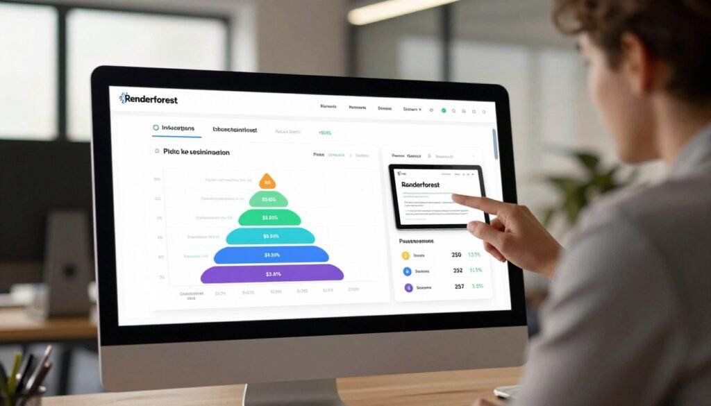 A modern and user-friendly digital dashboard displaying subscription and pricing plans for Renderforest. In the foreground, a sleek computer monitor showcases colorful graphs and charts representing different subscription tiers, each labeled with benefits and prices. In the middle layer, a professional person in business attire reviews these plans, holding a tablet open to an example page of Renderforest. The background features an inviting office environment with soft lighting and large windows, casting a warm glow on the scene. The atmosphere conveys a sense of clarity and accessibility, ideal for illustrating the subscription options available. The composition should focus on the details of the digital content, creating an engaging visual experience. A modern and user-friendly digital dashboard displaying subscription and pricing plans for Renderforest. In the foreground, a sleek computer monitor showcases colorful graphs and charts representing different subscription tiers, each labeled with benefits and prices. In the middle layer, a professional person in business attire reviews these plans, holding a tablet open to an example page of Renderforest. The background features an inviting office environment with soft lighting and large windows, casting a warm glow on the scene. The atmosphere conveys a sense of clarity and accessibility, ideal for illustrating the subscription options available. The composition should focus on the details of the digital content, creating an engaging visual experience.