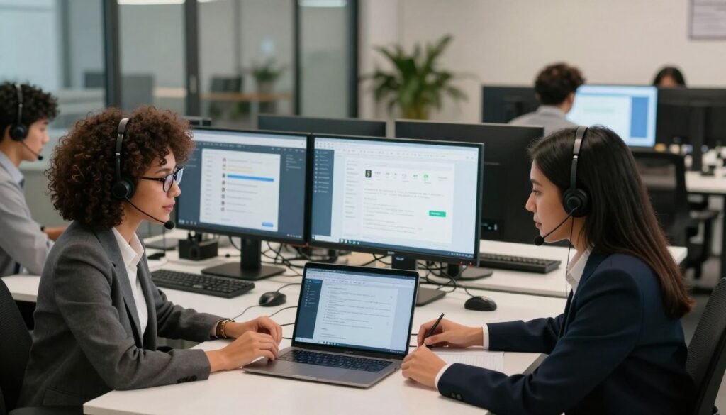 A modern customer support scene in a tech office. In the foreground, a diverse team of three professionals in business attire, featuring a woman with curly hair and glasses, a Hispanic man with a headset, and a Middle-Eastern woman with straight hair, are engaged in a discussion over a laptop, demonstrating collaboration. The middle ground includes a sleek desk with dual monitors displaying website analytics and customer queries. The background reveals a bright, open workspace with glass partitions, tech gadgets, and greenery. Soft, diffused lighting illuminates the scene, creating a warm, inviting atmosphere that conveys professionalism and trust. The angle is slightly elevated, capturing the depth of the workspace while focusing on the interaction between team members. A modern customer support scene in a tech office. In the foreground, a diverse team of three professionals in business attire, featuring a woman with curly hair and glasses, a Hispanic man with a headset, and a Middle-Eastern woman with straight hair, are engaged in a discussion over a laptop, demonstrating collaboration. The middle ground includes a sleek desk with dual monitors displaying website analytics and customer queries. The background reveals a bright, open workspace with glass partitions, tech gadgets, and greenery. Soft, diffused lighting illuminates the scene, creating a warm, inviting atmosphere that conveys professionalism and trust. The angle is slightly elevated, capturing the depth of the workspace while focusing on the interaction between team members.