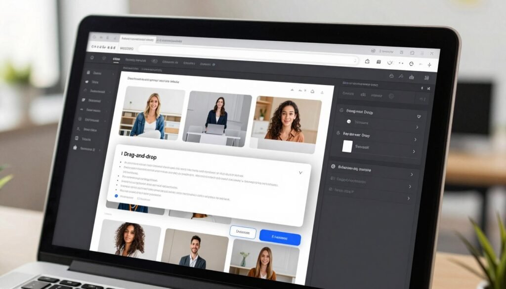 A modern drag-and-drop website editor interface displayed on a sleek computer screen. The foreground features a semi-transparent overlay of various design elements like text boxes, images, and buttons that can be dragged into place. In the middle area, the editor shows a grid layout where users can arrange these components seamlessly. The background is a vibrant office setting with soft, diffused lighting, creating a productive atmosphere. The angle captures the screen from a slight bird's eye view, emphasizing the intuitive interface of the editor. The scene conveys a sense of ease and creativity, inviting users to design professional websites effortlessly. A modern drag-and-drop website editor interface displayed on a sleek computer screen. The foreground features a semi-transparent overlay of various design elements like text boxes, images, and buttons that can be dragged into place. In the middle area, the editor shows a grid layout where users can arrange these components seamlessly. The background is a vibrant office setting with soft, diffused lighting, creating a productive atmosphere. The angle captures the screen from a slight bird's eye view, emphasizing the intuitive interface of the editor. The scene conveys a sense of ease and creativity, inviting users to design professional websites effortlessly.