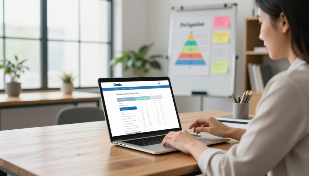 A modern office environment featuring a large wooden desk with a sleek laptop open, displaying the Jimdo website pricing plans. In the foreground, a professional businesswoman, dressed in business attire, is analyzing the pricing details on her laptop. The middle ground includes a whiteboard with colorful charts and notes about different pricing tiers and features of Jimdo for building business websites. In the background, large windows allow natural light to flood the room, creating a bright and welcoming atmosphere. Soft focus on plants and a bookshelf adds depth to the image, emphasizing a productive work environment, with an overall mood of clarity and focused attention on pricing options. A modern office environment featuring a large wooden desk with a sleek laptop open, displaying the Jimdo website pricing plans. In the foreground, a professional businesswoman, dressed in business attire, is analyzing the pricing details on her laptop. The middle ground includes a whiteboard with colorful charts and notes about different pricing tiers and features of Jimdo for building business websites. In the background, large windows allow natural light to flood the room, creating a bright and welcoming atmosphere. Soft focus on plants and a bookshelf adds depth to the image, emphasizing a productive work environment, with an overall mood of clarity and focused attention on pricing options.