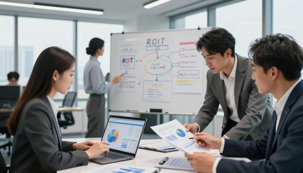 A modern office environment focusing on a diverse group of professionals engaged in calculating ROI for a business decision. In the foreground, a businesswoman in professional attire analyzes data on a laptop, while a businessman in a tailored suit reviews a document filled with graphs and charts. The middle ground features a large whiteboard with colorful flowcharts and calculations, showcasing the complexity of their analysis. The background displays a sleek, well-lit office with large windows offering a cityscape view, emphasizing a productive atmosphere. The lighting is bright but soft, creating an inviting yet serious mood. The angle is slightly above eye level, capturing the teamwork and focus of the individuals. A modern office environment focusing on a diverse group of professionals engaged in calculating ROI for a business decision. In the foreground, a businesswoman in professional attire analyzes data on a laptop, while a businessman in a tailored suit reviews a document filled with graphs and charts. The middle ground features a large whiteboard with colorful flowcharts and calculations, showcasing the complexity of their analysis. The background displays a sleek, well-lit office with large windows offering a cityscape view, emphasizing a productive atmosphere. The lighting is bright but soft, creating an inviting yet serious mood. The angle is slightly above eye level, capturing the teamwork and focus of the individuals.