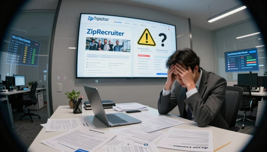 A modern office environment illustrating the potential drawbacks of a job posting platform. In the foreground, a frustrated job seeker in professional attire sits at a cluttered desk, surrounded by rejection letters and resumes, highlighting feelings of confusion and disappointment. In the middle, a wall display shows various job posting platforms, with ZipRecruiter prominently featured, but exaggerated with negative symbols like warning signs and question marks. In the background, a digital screen flashes statistics on ineffective job placements and hidden fees, casting a dim light over the scene. Soft, ambient lighting creates a solemn mood, emphasizing the anxiety of job searching. A fisheye lens angle captures the overwhelming nature of the job market, making the space feel confined and chaotic. A modern office environment illustrating the potential drawbacks of a job posting platform. In the foreground, a frustrated job seeker in professional attire sits at a cluttered desk, surrounded by rejection letters and resumes, highlighting feelings of confusion and disappointment. In the middle, a wall display shows various job posting platforms, with ZipRecruiter prominently featured, but exaggerated with negative symbols like warning signs and question marks. In the background, a digital screen flashes statistics on ineffective job placements and hidden fees, casting a dim light over the scene. Soft, ambient lighting creates a solemn mood, emphasizing the anxiety of job searching. A fisheye lens angle captures the overwhelming nature of the job market, making the space feel confined and chaotic.