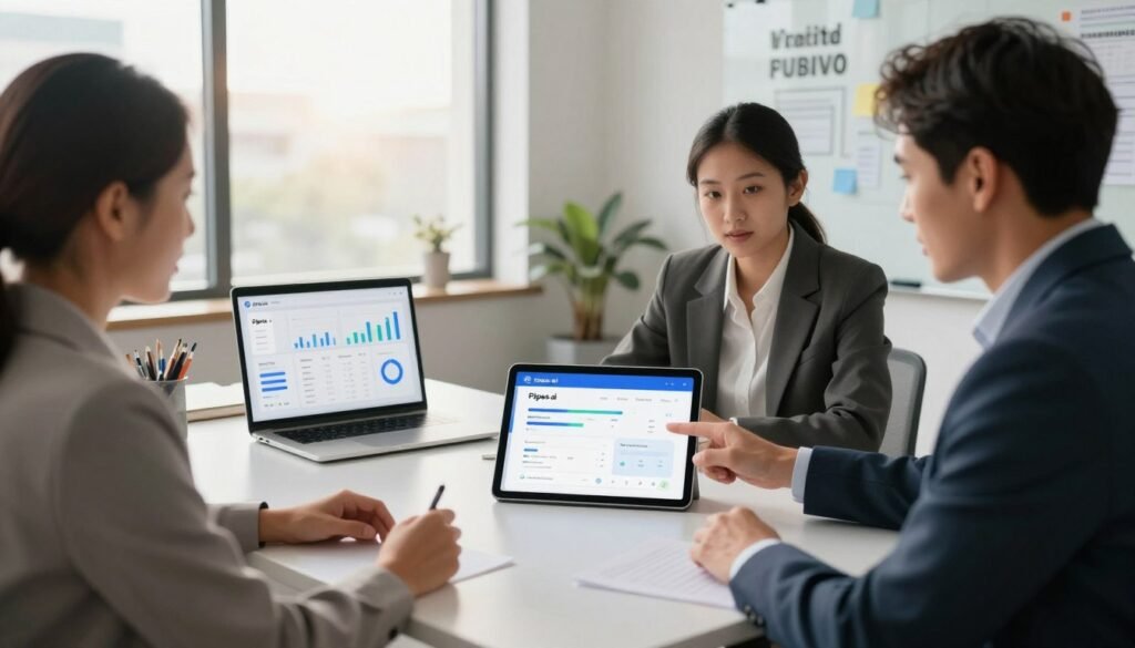 A modern office setting illustrating an intelligent sales platform in action. In the foreground, a diverse group of three professionals in business attire engaged in a discussion, with one pointing at a digital tablet showcasing the Pipes.ai interface. The middle ground features a sleek, contemporary desk with a laptop displaying analytics and sales graphs. In the background, large windows let in bright, natural light, casting a warm atmosphere. The walls are adorned with motivational quotes and a whiteboard filled with brainstorming ideas. Capture the scene from a slightly elevated angle for a dynamic perspective, emphasizing collaboration and innovation. The overall mood should be one of productivity and teamwork, highlighting the efficiency of the smart sales platform. A modern office setting illustrating an intelligent sales platform in action. In the foreground, a diverse group of three professionals in business attire engaged in a discussion, with one pointing at a digital tablet showcasing the Pipes.ai interface. The middle ground features a sleek, contemporary desk with a laptop displaying analytics and sales graphs. In the background, large windows let in bright, natural light, casting a warm atmosphere. The walls are adorned with motivational quotes and a whiteboard filled with brainstorming ideas. Capture the scene from a slightly elevated angle for a dynamic perspective, emphasizing collaboration and innovation. The overall mood should be one of productivity and teamwork, highlighting the efficiency of the smart sales platform.