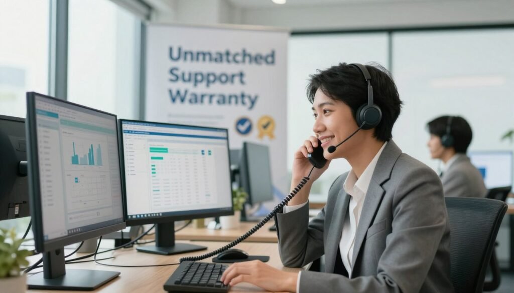 A modern office setting showcasing a dedicated customer support representative assisting a client over the phone, both portrayed in professional attire. In the foreground, the representative, a person of Asian descent, is attentively listening with a friendly smile, surrounded by computer screens displaying analytics and support tools. In the middle, a large banner in the background reads "Unmatched Support Warranty," complemented by visuals of checkmarks and badges symbolizing reliability and quality service. Soft, natural lighting floods the scene, creating an inviting atmosphere with a focus on professionalism and approachability. The angle is slightly elevated, providing a comprehensive view of the workspace, emphasizing technological efficiency and a commitment to exceptional customer service. A modern office setting showcasing a dedicated customer support representative assisting a client over the phone, both portrayed in professional attire. In the foreground, the representative, a person of Asian descent, is attentively listening with a friendly smile, surrounded by computer screens displaying analytics and support tools. In the middle, a large banner in the background reads "Unmatched Support Warranty," complemented by visuals of checkmarks and badges symbolizing reliability and quality service. Soft, natural lighting floods the scene, creating an inviting atmosphere with a focus on professionalism and approachability. The angle is slightly elevated, providing a comprehensive view of the workspace, emphasizing technological efficiency and a commitment to exceptional customer service.