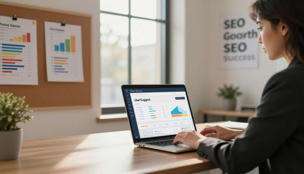 A modern office setting with a sleek desk displaying a laptop open to the UberSuggest interface, showcasing keyword analysis tools. In the foreground, a professional woman in business attire types on the laptop, looking focused and engaged. Beside her, colorful graphs and charts are pinned to a corkboard, representing pricing plans and analytics. In the middle, a large window allows natural light to filter in, casting warm highlights across the room. Soft shadows create a calm, productive atmosphere. The background features light-colored walls adorned with motivational quotes about growth and success in SEO. Lens focus emphasizes clarity on the laptop screen while maintaining a slightly blurred view of the room, enhancing the feeling of concentration and professionalism. A modern office setting with a sleek desk displaying a laptop open to the UberSuggest interface, showcasing keyword analysis tools. In the foreground, a professional woman in business attire types on the laptop, looking focused and engaged. Beside her, colorful graphs and charts are pinned to a corkboard, representing pricing plans and analytics. In the middle, a large window allows natural light to filter in, casting warm highlights across the room. Soft shadows create a calm, productive atmosphere. The background features light-colored walls adorned with motivational quotes about growth and success in SEO. Lens focus emphasizes clarity on the laptop screen while maintaining a slightly blurred view of the room, enhancing the feeling of concentration and professionalism.