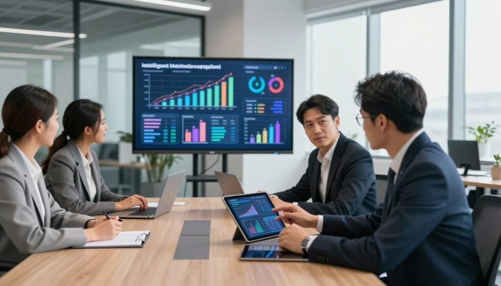 A modern office space featuring a diverse group of professionals engaged in a dynamic sales meeting. In the foreground, a male and female team member analyze data on a digital tablet, dressed in professional business attire. The middle ground showcases a large screen displaying colorful, animated graphs and analytics visuals, symbolizing sales engagement transformation through intelligent automation. The background features sleek office furniture and bright, natural lighting streaming through large windows, creating a productive and collaborative atmosphere. The angle of the shot captures both the intense focus of the team and the innovative technology they are utilizing. The overall mood is one of collaboration, efficiency, and forward-thinking innovation, highlighting the transformative power of AI in sales processes. A modern office space featuring a diverse group of professionals engaged in a dynamic sales meeting. In the foreground, a male and female team member analyze data on a digital tablet, dressed in professional business attire. The middle ground showcases a large screen displaying colorful, animated graphs and analytics visuals, symbolizing sales engagement transformation through intelligent automation. The background features sleek office furniture and bright, natural lighting streaming through large windows, creating a productive and collaborative atmosphere. The angle of the shot captures both the intense focus of the team and the innovative technology they are utilizing. The overall mood is one of collaboration, efficiency, and forward-thinking innovation, highlighting the transformative power of AI in sales processes.